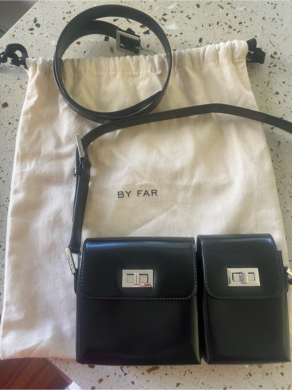 BY FAR Black Patent Double Pouch Belt Bag with Silver Hardware